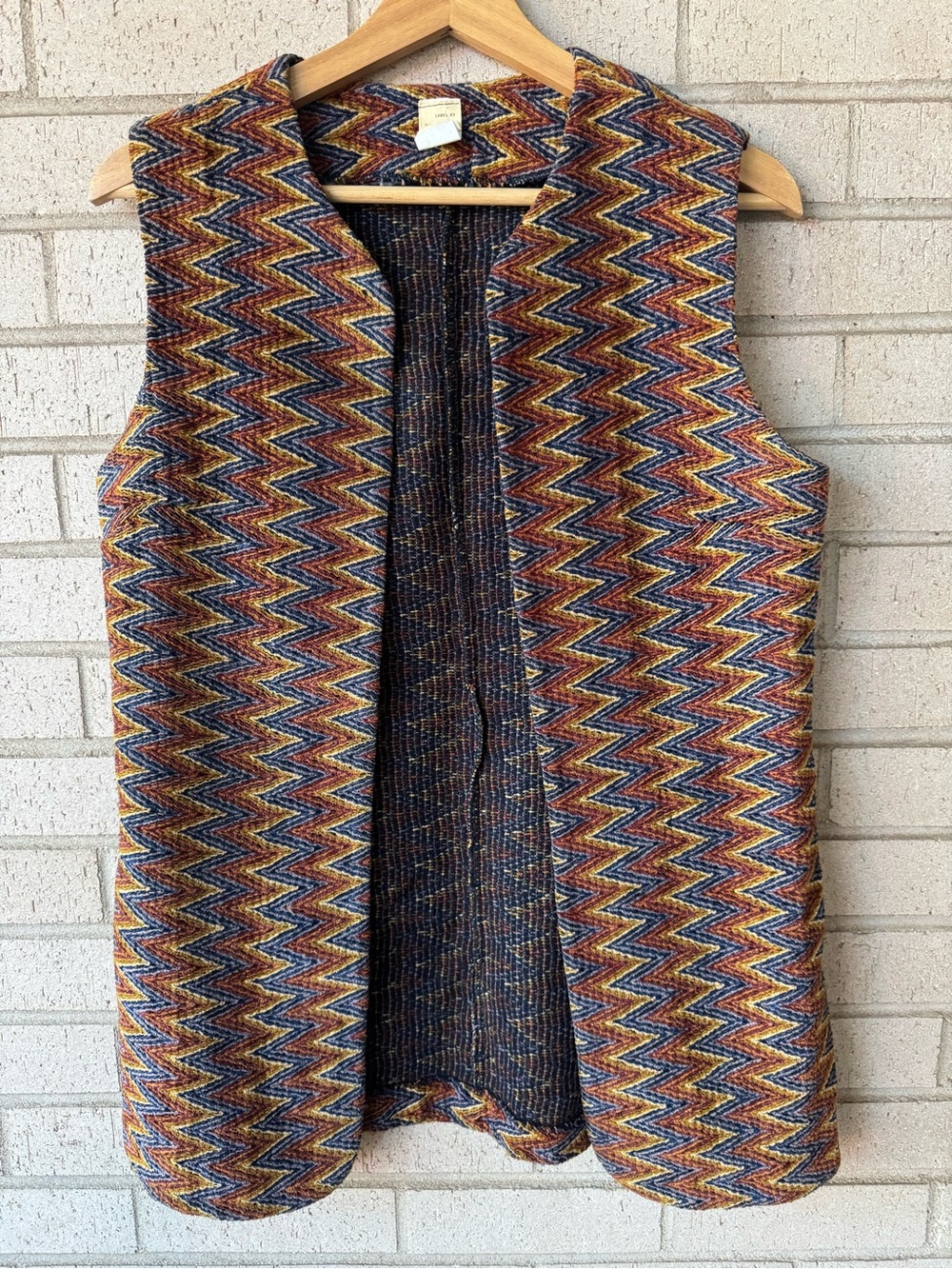 Vintage Chenille Tapestry Vest Chevron Boho Retro Open Front Longline Small